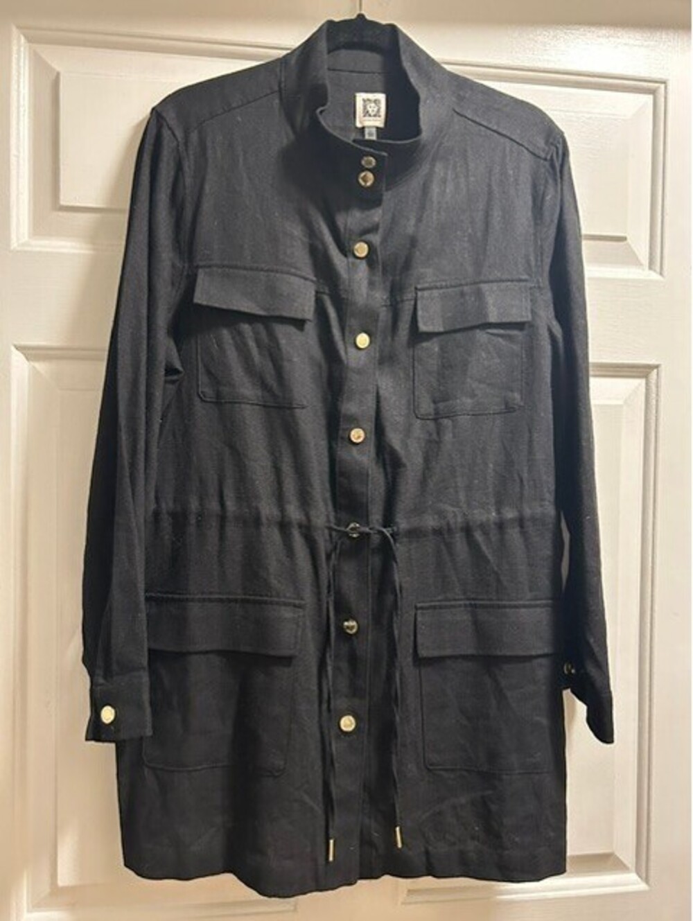 Anne Klein Black Long Sleeve Button-Up Coat with Drawstring Waist Size L